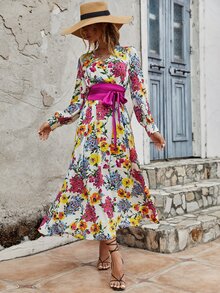 Floral Print Belted Dress - Multicolor - View 6