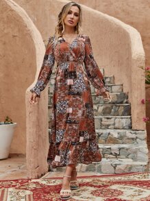 Patchwork Print Flounce Sleeve Ruffle Hem Dress - Multicolor - View 1