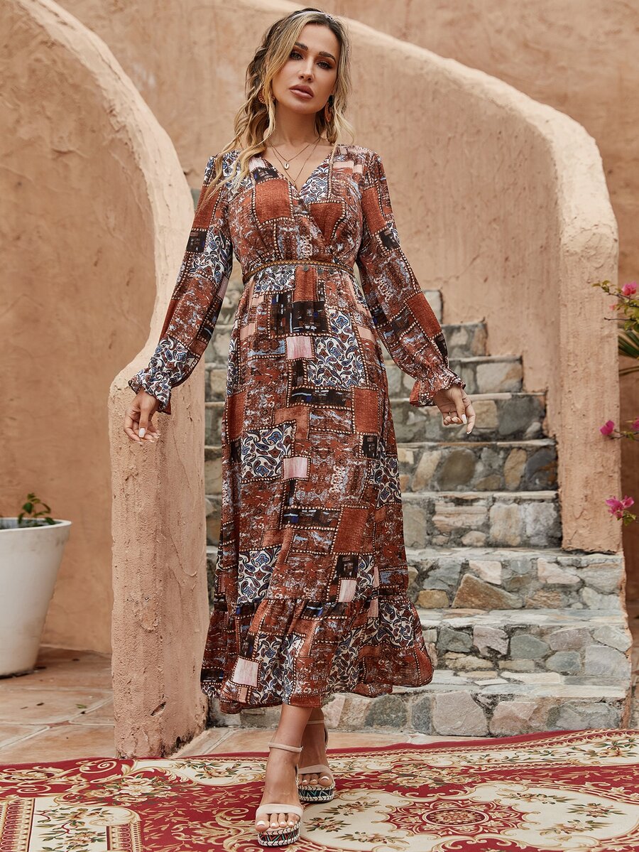 Patchwork Print Flounce Sleeve Ruffle Hem Dress - Multicolor - View 1