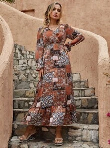 Patchwork Print Flounce Sleeve Ruffle Hem Dress - Multicolor - View 3