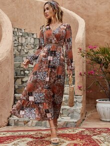 Patchwork Print Flounce Sleeve Ruffle Hem Dress - Multicolor - View 6