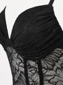 SHEIN BAE Sheer Lace Insert Lace Cami Bodysuit - Black - View 6