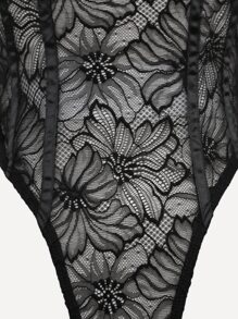 SHEIN BAE Sheer Lace Insert Lace Cami Bodysuit - Black - View 8