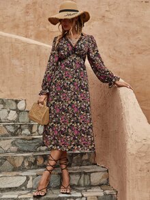 Floral Print Flounce Sleeve Dress - Multicolor - View 3