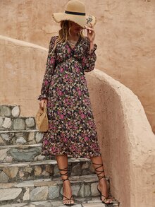 Floral Print Flounce Sleeve Dress - Multicolor - View 4