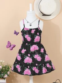 Toddler Girls Floral Print Ruffle Hem Cami Dress - Black - View 1