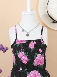 Toddler Girls Floral Print Ruffle Hem Cami Dress - Black - View 3
