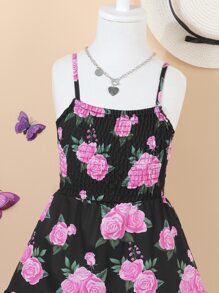 Toddler Girls Floral Print Ruffle Hem Cami Dress - Black - View 4