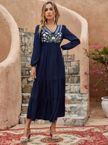 Vestido con bordado floral de manga farol bajo con fruncido - Azul Marino - Ver 1