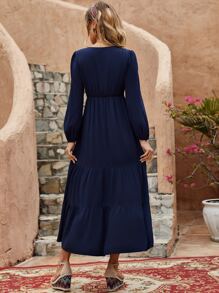 Vestido con bordado floral de manga farol bajo con fruncido - Azul Marino - Ver 2