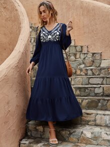 Vestido con bordado floral de manga farol bajo con fruncido - Azul Marino - Ver 4