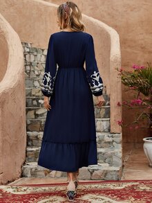 Vestido con estampado floral de manga farol bajo con fruncido - Azul Marino - Ver 2