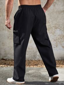 Manfinity Men Letter Graphic Flap Pocket Side Drawstring Waist Cargo Trousers - Black - View 2