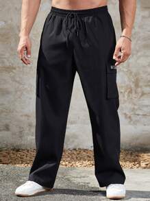 Manfinity Men Letter Graphic Flap Pocket Side Drawstring Waist Cargo Trousers - Black - View 4