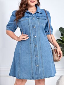 SHEIN Privé Plus Flap Pocket Puff Sleeve Denim Dress - Medium Wash - View 5