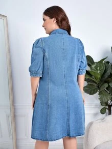 SHEIN Privé Plus Flap Pocket Puff Sleeve Denim Dress - Medium Wash - View 2