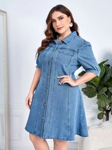 SHEIN Privé Plus Flap Pocket Puff Sleeve Denim Dress - Medium Wash - View 4