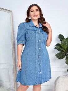 SHEIN Privé Plus Flap Pocket Puff Sleeve Denim Dress - Medium Wash - View 1
