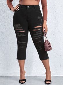 Jeans ajustados de talle alto desgarro ribete sin dobladillo - Negro - Ver 5