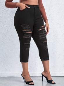 Jeans ajustados de talle alto desgarro ribete sin dobladillo - Negro - Ver 3