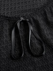 ROMWE Áo thun nữ Xù nhỏ Thắt nơ trước màu trơn Giải trí - màu đen - Xem 8