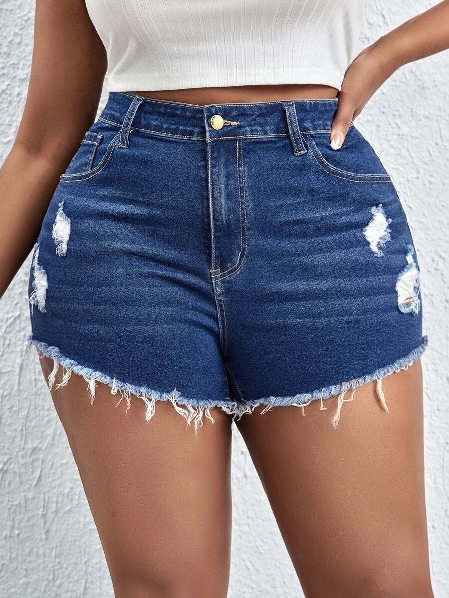 Plus Ripped Raw Cut Denim Shorts - Dark Wash - View 1