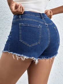 Plus Ripped Raw Cut Denim Shorts - Dark Wash - View 2