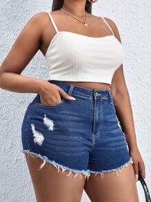 Plus Ripped Raw Cut Denim Shorts - Dark Wash - View 3