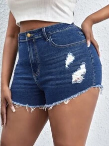 Plus Ripped Raw Cut Denim Shorts - Dark Wash - View 4