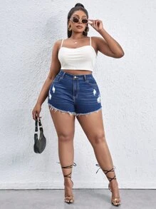 Plus Ripped Raw Cut Denim Shorts - Dark Wash - View 5