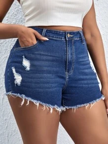 Plus Ripped Raw Cut Denim Shorts - Dark Wash - View 6
