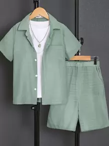 SHEIN Boys Solid Pocket Patched Shirt & Shorts Without Tee - Green - View 1