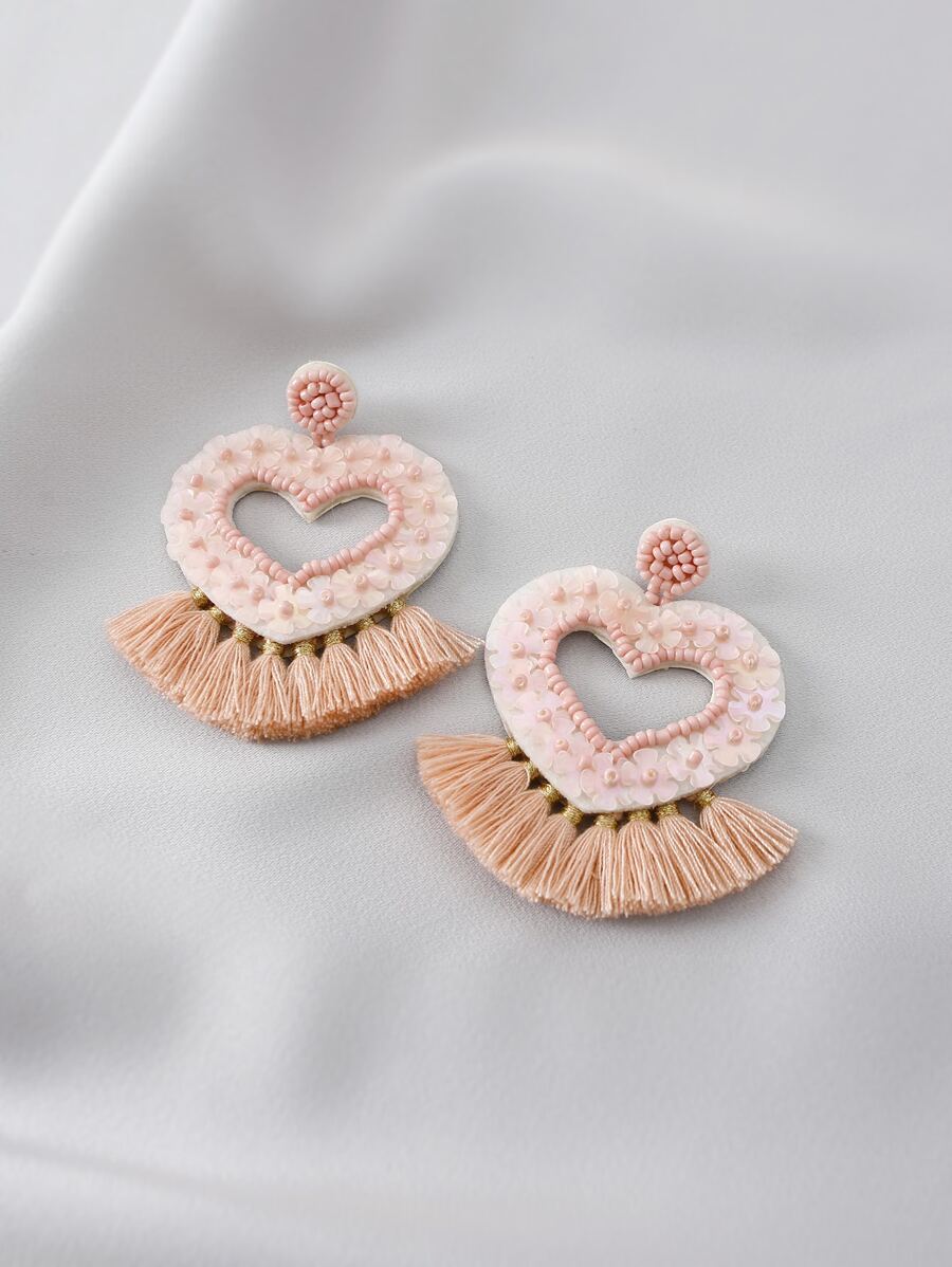 Heart & Tassel Drop Earrings - Dusty Pink - View 1