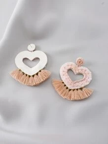Heart & Tassel Drop Earrings - Dusty Pink - View 2