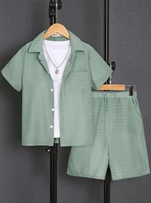 SHEIN Boys Solid Pocket Patched Shirt & Shorts Without Tee - Green - View 3