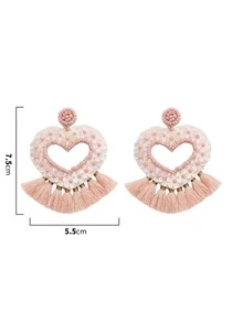 Heart & Tassel Drop Earrings - Dusty Pink - View 3