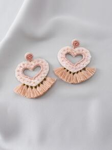 Heart & Tassel Drop Earrings - Dusty Pink - View 4