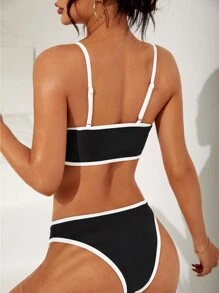 Geo Print Contrast Binding Summer Beach Bikini Set - Black and White - View 2