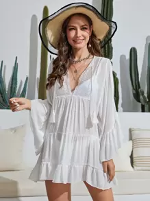 SHEIN Swim Tassel Tie Neck Layered Hem Cover Up Without Bikini,Summer Beach