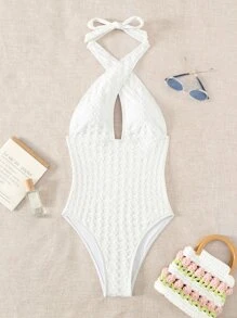 Crisscross Halter One Piece Swimsuit - White - View 7