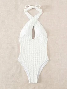 Crisscross Halter One Piece Swimsuit - White - View 4