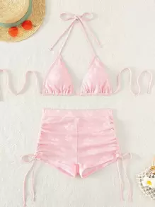 Swim Mod Summer Beach Solid Bikini Set Halter Triangle Bra & High Waisted Boxer Shorts 2 Pieces Bikini - Baby Pink - View 7
