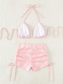 Swim Mod Summer Beach Solid Bikini Set Halter Triangle Bra & High Waisted Boxer Shorts 2 Pieces Bikini - Baby Pink - View 5