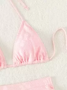 Swim Mod Summer Beach Solid Bikini Set Halter Triangle Bra & High Waisted Boxer Shorts 2 Pieces Bikini - Baby Pink - View 3