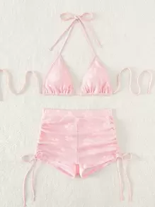 Swim Mod Summer Beach Solid Bikini Set Halter Triangle Bra & High Waisted Boxer Shorts 2 Pieces Bikini - Baby Pink - View 6
