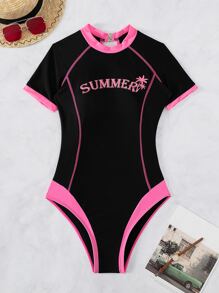 Swim EVENT Bañador una pieza con estampado de letra unido en contraste - Negro - Ver 6