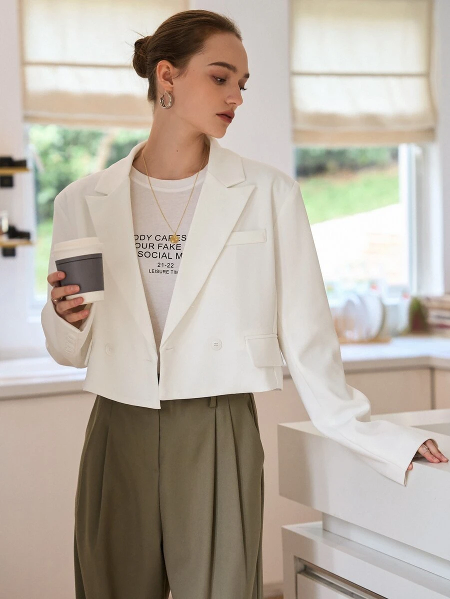 SHEIN Lapel Neck Double Button Crop Blazer - White - View 1