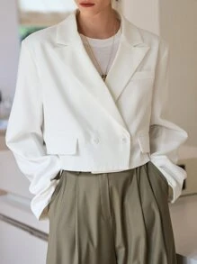 SHEIN Lapel Neck Double Button Crop Blazer - White - View 3