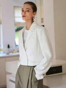 SHEIN Lapel Neck Double Button Crop Blazer - White - View 4