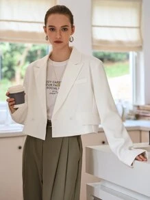 SHEIN Lapel Neck Double Button Crop Blazer - White - View 6